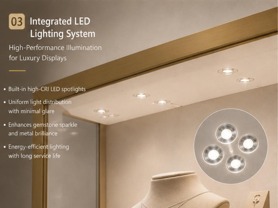Wall-Mounted Luxury Jewelry Display Case | Brass Framed LED Showcase 9 LED lighting feature of jewelry showcase